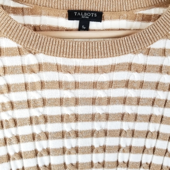 Talbots S Petite Ivory, Tan & Gold Cableknit Crewneck sweater Long sleeve - Picture 7 of 7
